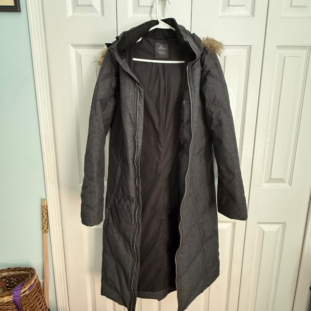 🧥 prAna Women’s Long Puffer Coat with Faux-Fur Hood – Charcoal Gray – Size L/XL